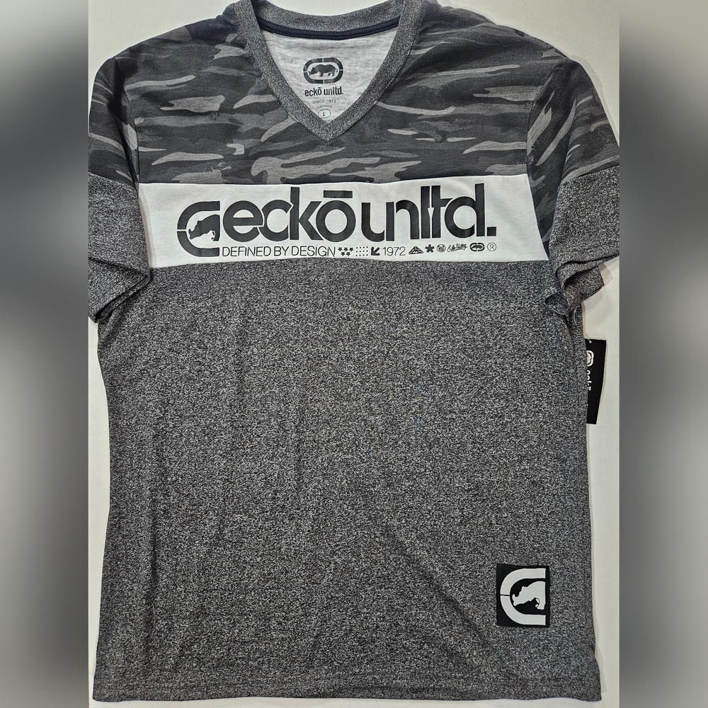 Ecko T-Shirt‎ Mens Large Camo Static Grey Y2K Designer Throwback Casual Tee